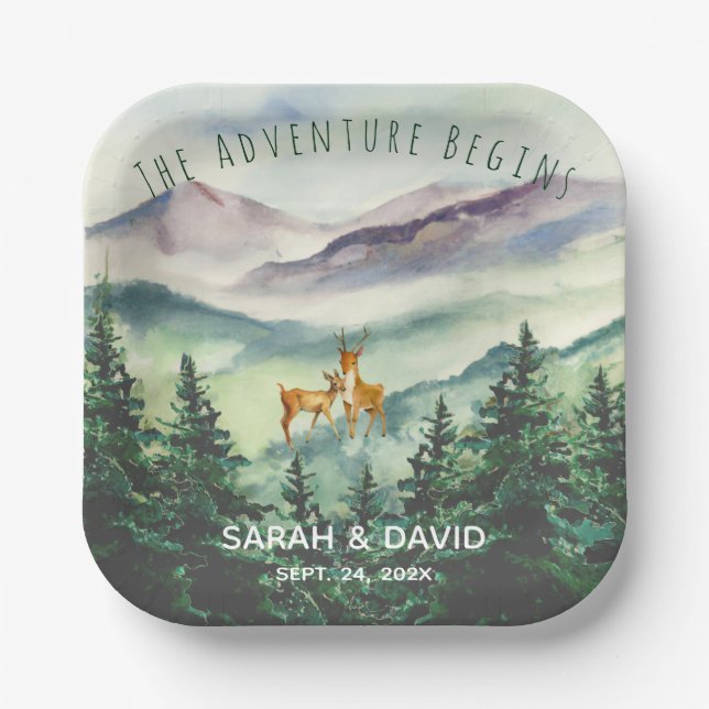 The Adventure Begins Mountains Deer Forest Wedding Paper Plates (Front)