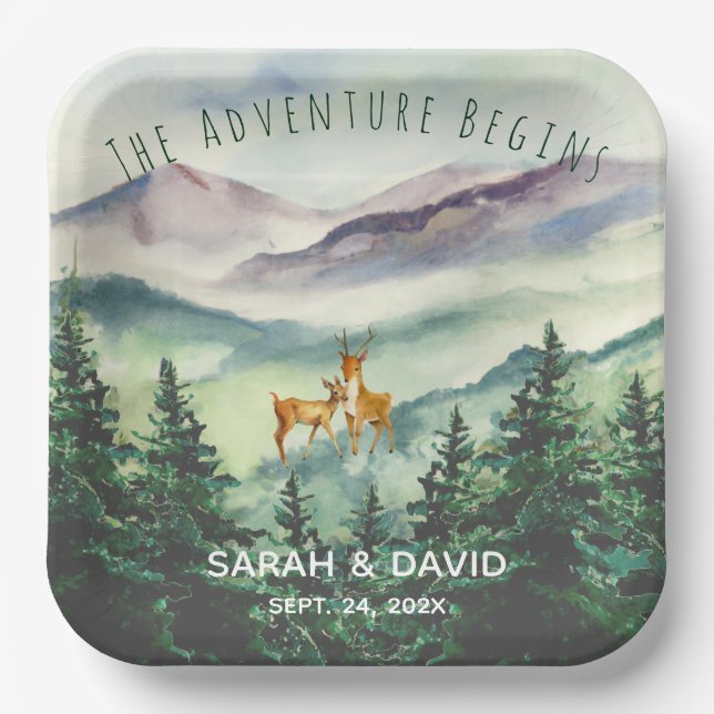 The Adventure Begins Mountains Deer Forest Wedding Paper Plates (Front)