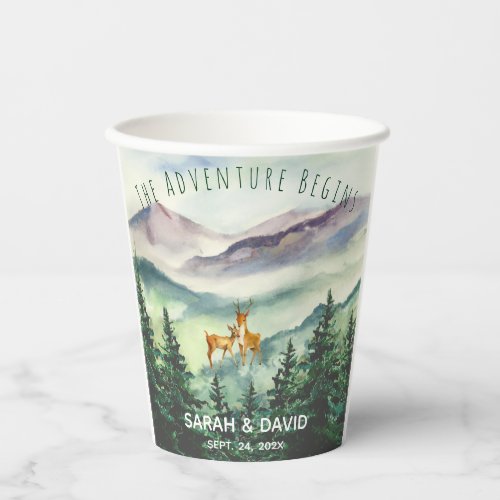 The Adventure Begins Mountains Watercolor Stag Doe Paper Cups