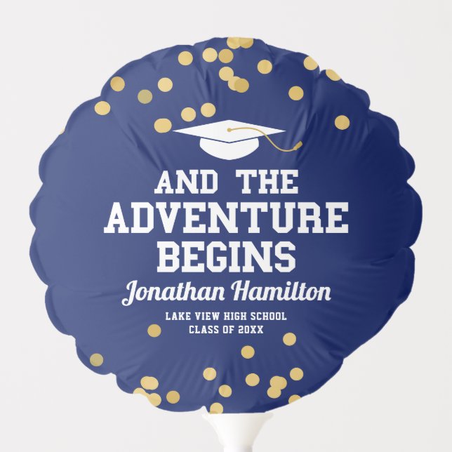 The Adventure Begins Navy Blue Grad Party Balloon (Front)