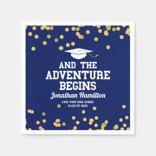 The Adventure Begins Navy Blue Grad Party Napkins