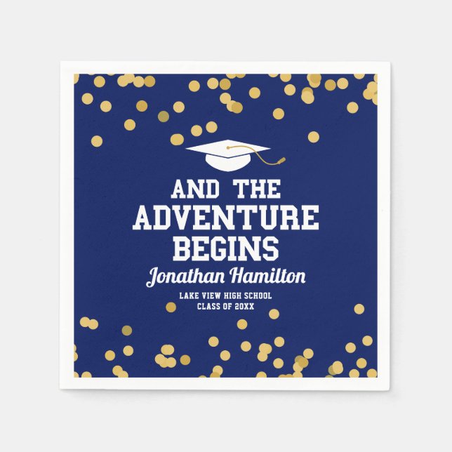 The Adventure Begins Navy Blue Grad Party Napkins (Front)