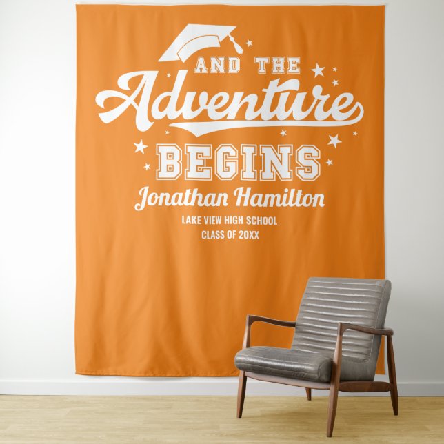 The Adventure Begins Orange Grad Party Backdrop (In Situ)