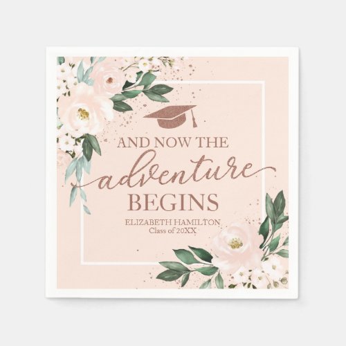 The Adventure Begins Pink Blush Floral Grad Party  Napkins