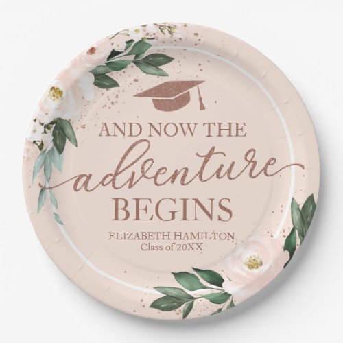 The Adventure Begins Pink Blush Floral Grad Party  Paper Plates