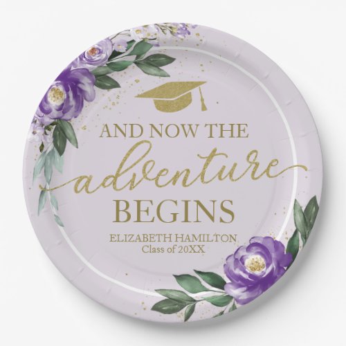 The Adventure Begins Purple Floral Grad Party Paper Plates