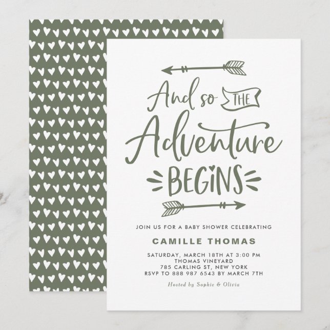 The Adventure Begins Quote Tuape Green Baby Shower Invitation (Front/Back)