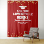 The Adventure Begins Red Gold Grad Party Backdrop at Zazzle