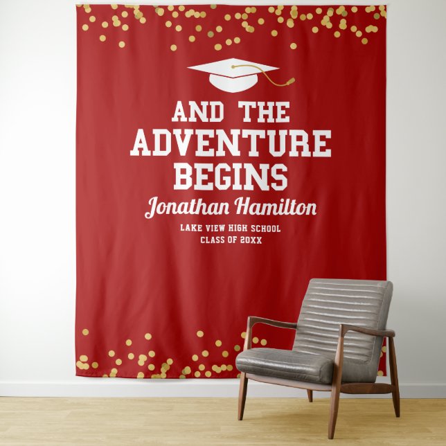 The Adventure Begins Red Gold Grad Party Backdrop (In Situ)