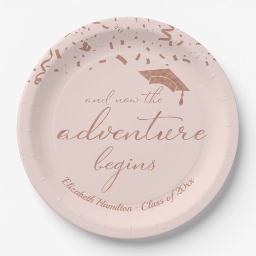 The Adventure Begins Rose Gold Graduation Party Paper Plates