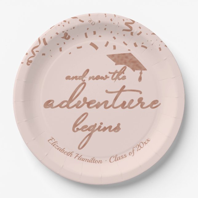 The Adventure Begins Rose Gold Graduation Party Paper Plates (Front)