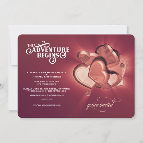 The Adventure Begins Rose Gold Hearts Invitation