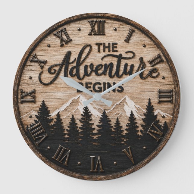 The Adventure Begins Rustic Mountain Cabin Large Clock (Front)
