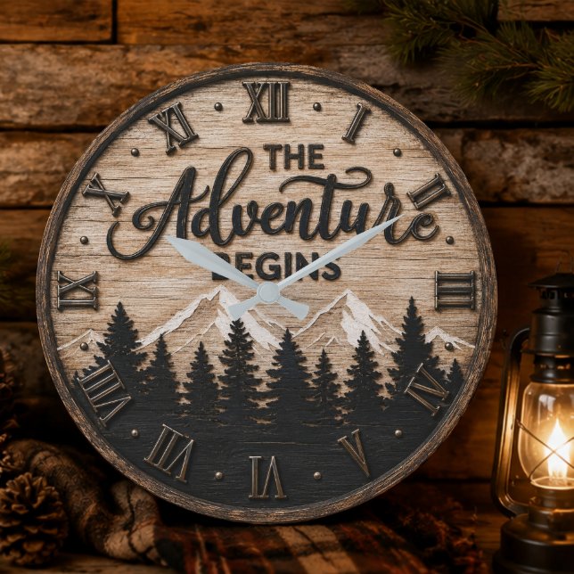 The Adventure Begins Rustic Mountain Cabin Large Clock (Creator Uploaded)
