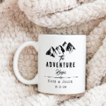 The Adventure Begins | Rustic Wedding Mug<br><div class="desc">Custom script "the adventure begins" and mountain illustration with custom monograms and date. Illustration and fonts have been carefully selected to accentuate rustic look and can be customized to your prefrences.</div>