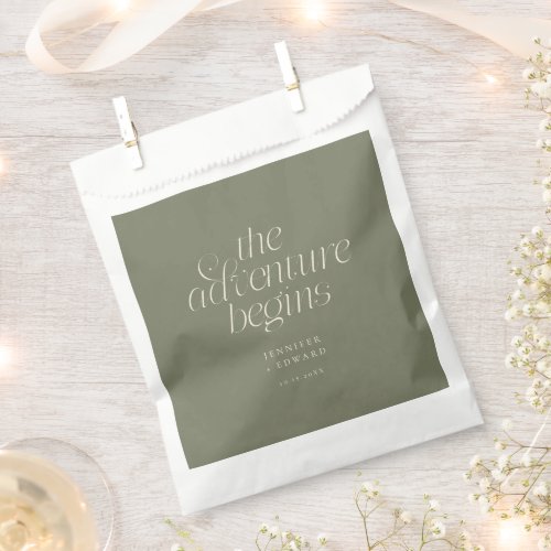 The Adventure Begins Sage Green Minimalist Wedding Favor Bag