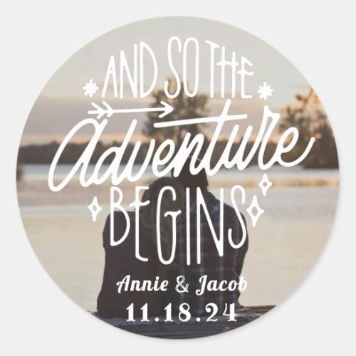 The Adventure Begins Save the Date Classic Round Sticker