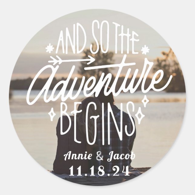 The Adventure Begins Save the Date Classic Round Sticker (Front)