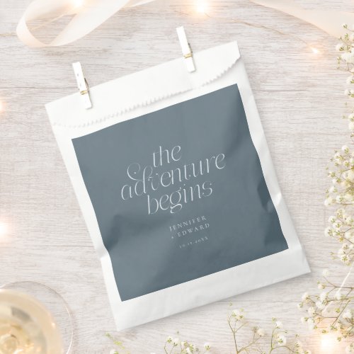 The Adventure Begins Slate Blue Minimalist Wedding Favor Bag