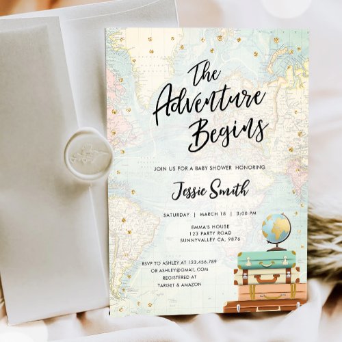 The Adventure Begins Travel Couples Baby Shower Invitation