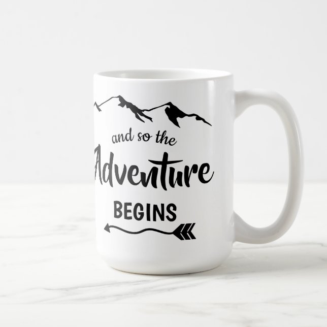 The Adventure Begins Trendy Black and White Coffee Mug (Right)