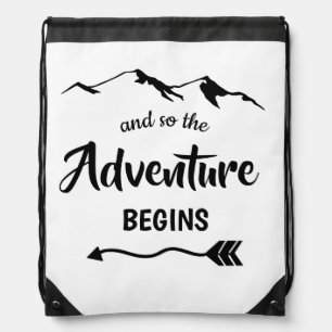 The Adventure Begins Trendy Black and White Drawstring Bag