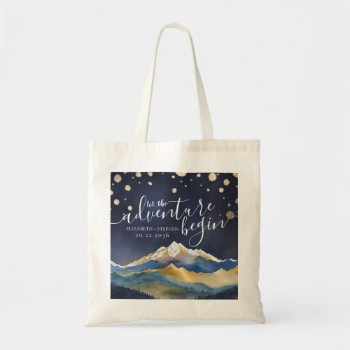 The Adventure Begins Watercolor Mountains Wedding Tote Bag