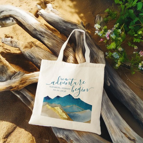 The Adventure Begins Watercolor Mountains Wedding Tote Bag