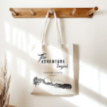 The Adventure Begins Wedding Favor Tote Bag<br><div class="desc">Wedding favor or welcome bag with mountain illustration on the bottom and decorative custom sign "the adventure begins" with personalized monograms and date in rustic elegant font. perfect for retreat or natural surrounding weddings</div>