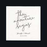 The Adventure Begins Wedding Quote Napkins<br><div class="desc">Modern wedding napkin featuring a script text hand written that says "the adventure begins" in black and white. This typography design is minimalistic and works for any season. Customize this product by adding the couple's names and event date.</div>