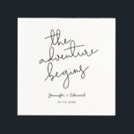 The Adventure Begins Wedding Quote Napkins<br><div class="desc">Modern wedding napkin featuring a script text hand written that says "the adventure begins" in black and white. This typography design is minimalistic and works for any season. Customize this product by adding the couple's names and event date.</div>
