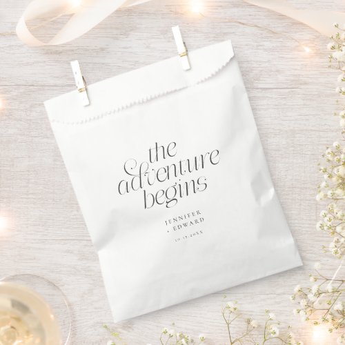 The Adventure Begins White Minimalist Wedding Favor Bag
