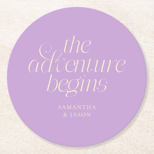 The Adventure Begins Wisteria Wedding Round Paper Coaster