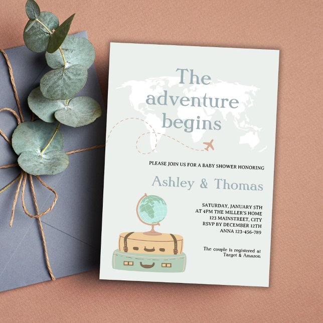 The Adventure Begins World Map Travel Baby Shower Invitation (the adventure begins travel baby shower invitation world map globe travel suit cases eartly tones)