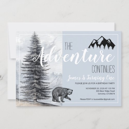 The Adventure Continues Woodland Bear 1st Birthday Invitation