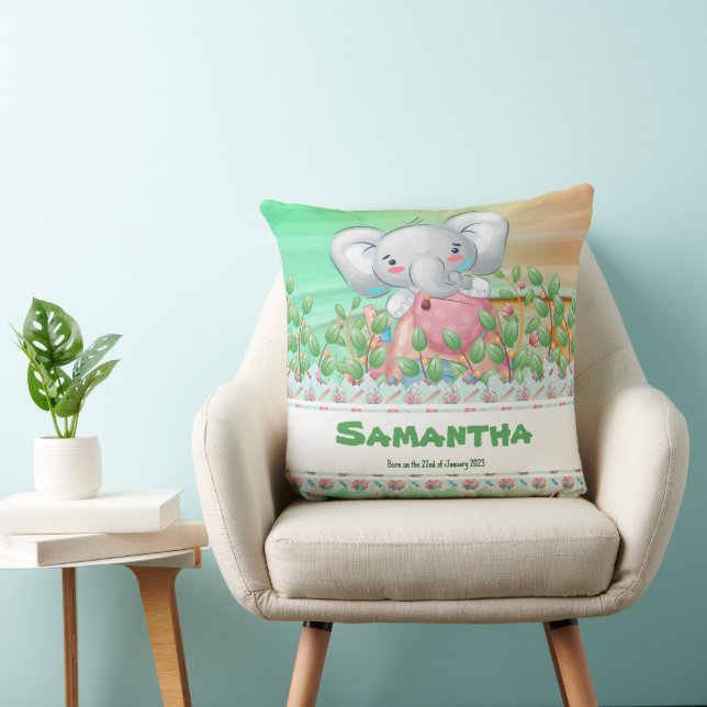 The Adventuristic Elephant cub with editable text Throw Pillow (Chair)