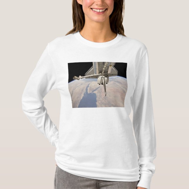 The aft section of the docked space shuttle T-Shirt (Front)