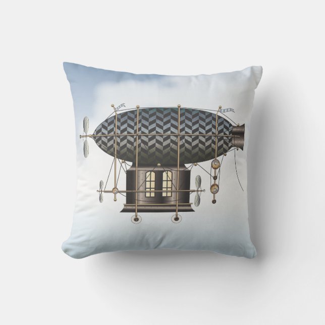 The Airship Petite Noir Steampunk Flying Machine Throw Pillow (Front)