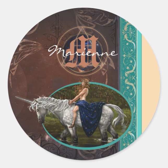 The Alchemist's book and fantasy unicorn Classic Round Sticker (Front)