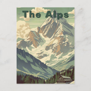 The Alps Vintage Travel Skiing Mountain Lodge Postcard