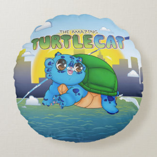 The Amazing Turtlecat Over the City & Water Round Pillow