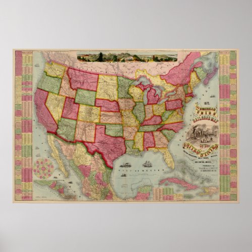 The American Union Railroad Map of the USA 1872 Poster