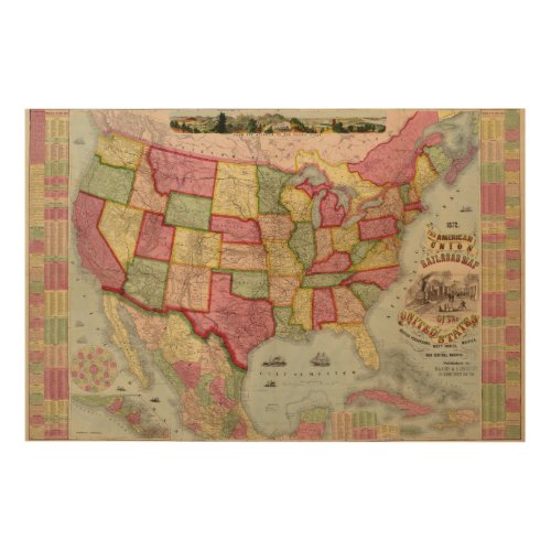 The American Union Railroad Map of the USA 1872 Wood Wall Art