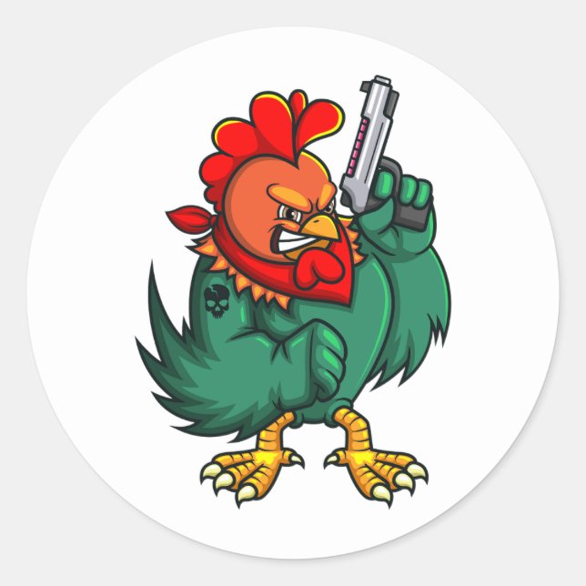 the angry rooster holding gun classic round sticker (Front)