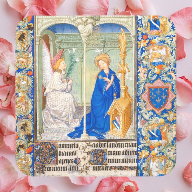 The Annunciation Virgin Mary Medieval Illumination Square Sticker (The Annunciation Blessed Virgin Mary Archangel Michael Medieval Manuscript Illumination Sticker)