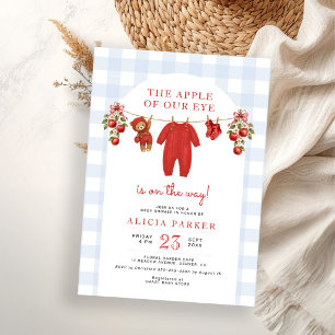 The apple of our eye blue gingham boy baby shower invitation