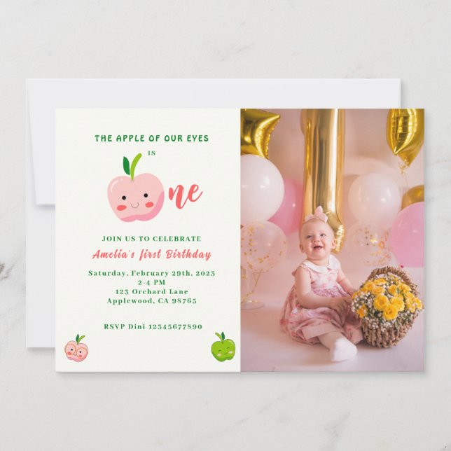 The Apple of Our Eyes first birthday Photo Invitation (Front)