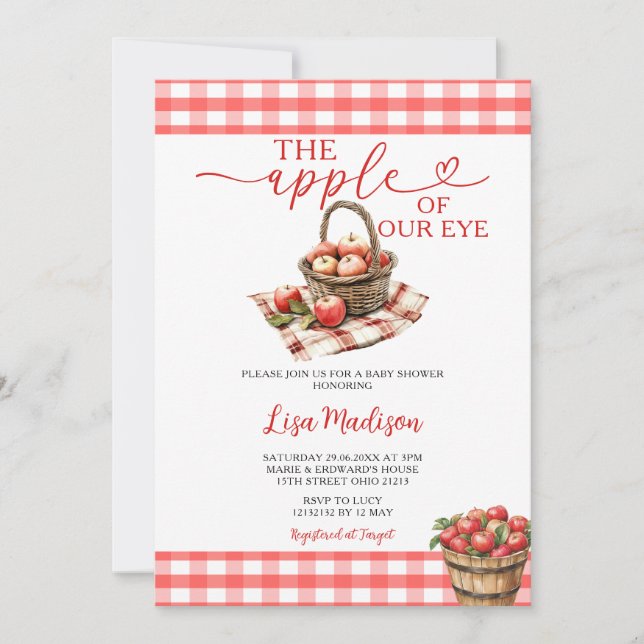 The Apple of The Eye Baby Shower Red Gingham Invitation (Front)