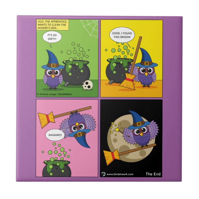 The Apprentice Wizard - Cleaning Comic Ceramic Tile (Front)