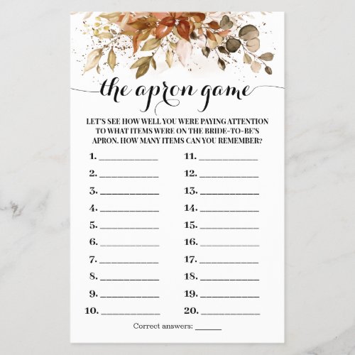 The Apron Autumn Fall Bridal Shower Game Card Flyer